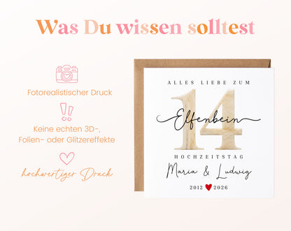 Elfenbeinhochzeit Karte - Zahl 14 - personalisiert