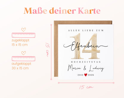 Elfenbeinhochzeit Karte - Zahl 14 - personalisiert