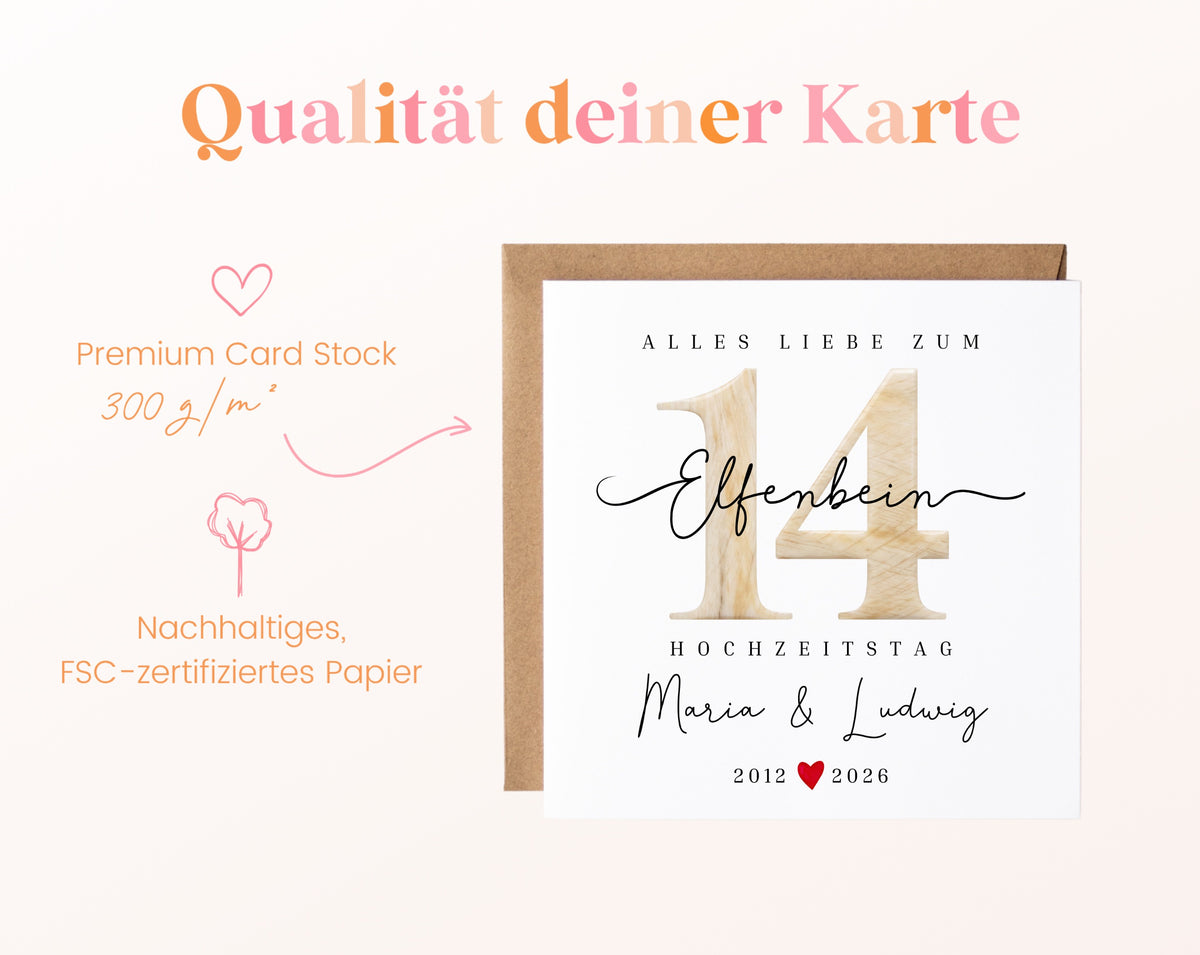 Elfenbeinhochzeit Karte - Zahl 14 - personalisiert