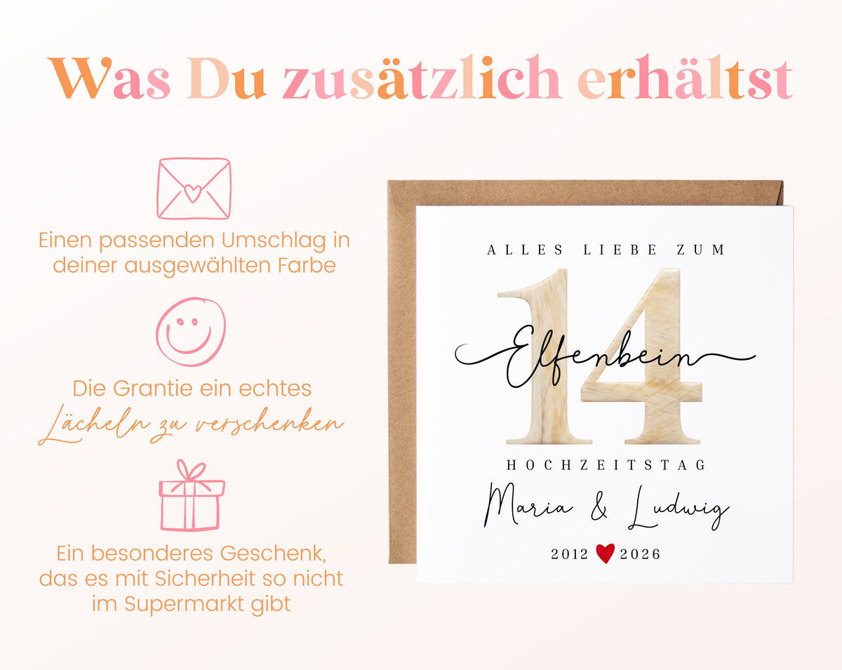 Elfenbeinhochzeit Karte - Zahl 14 - personalisiert