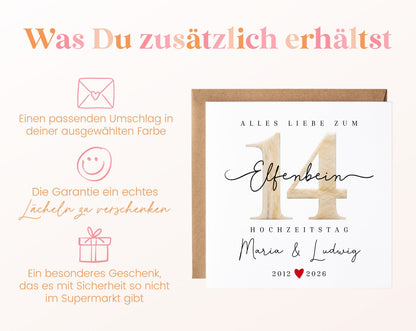 Elfenbeinhochzeit Karte - Zahl 14 - personalisiert
