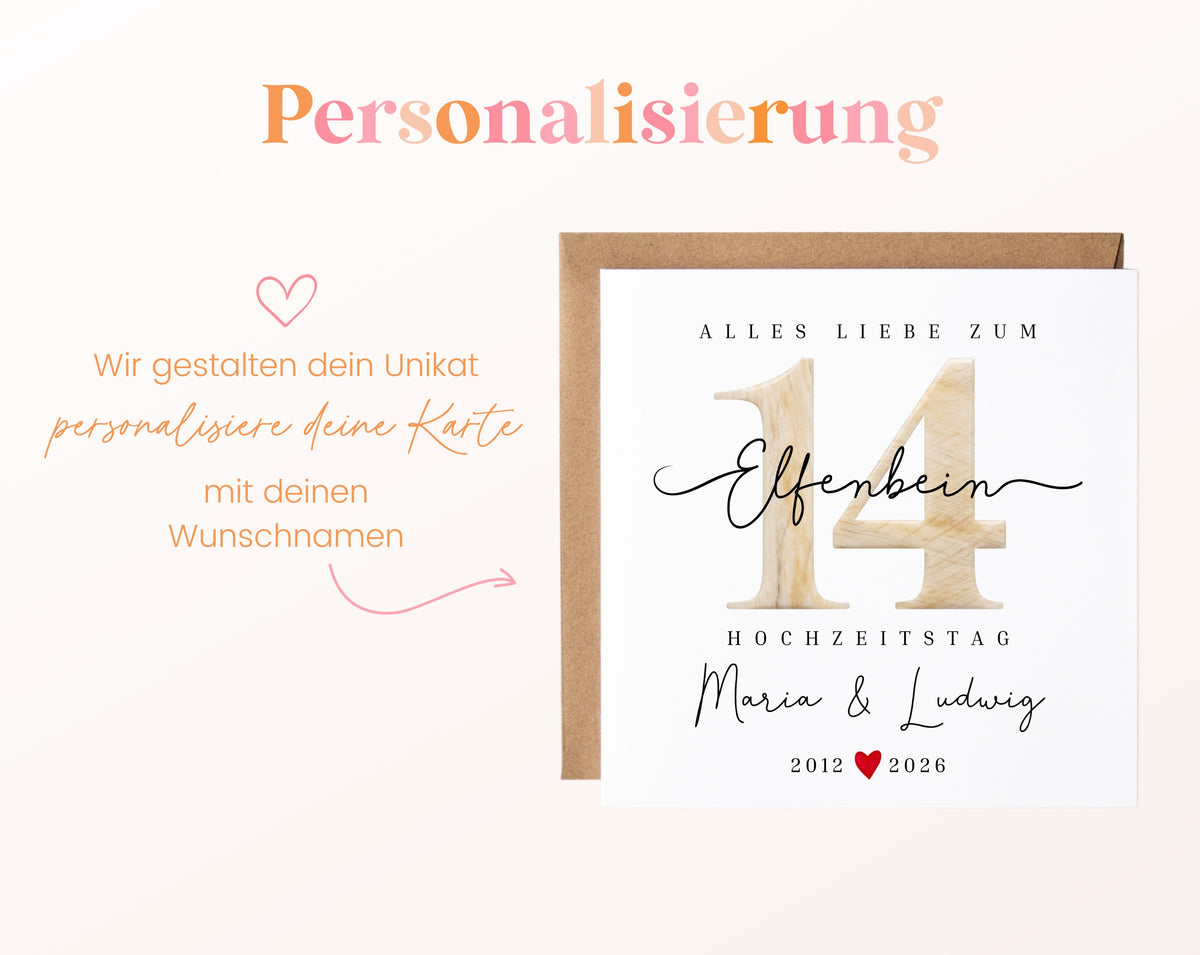 Elfenbeinhochzeit Karte - Zahl 14 - personalisiert