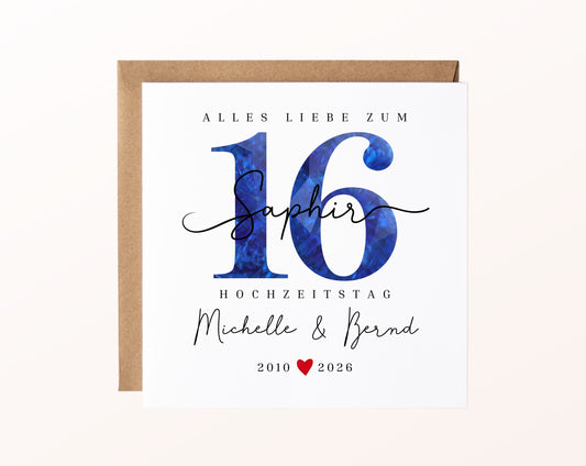 Saphirhochzeit Karte - Edelsteinzahl 16 - personalisiert