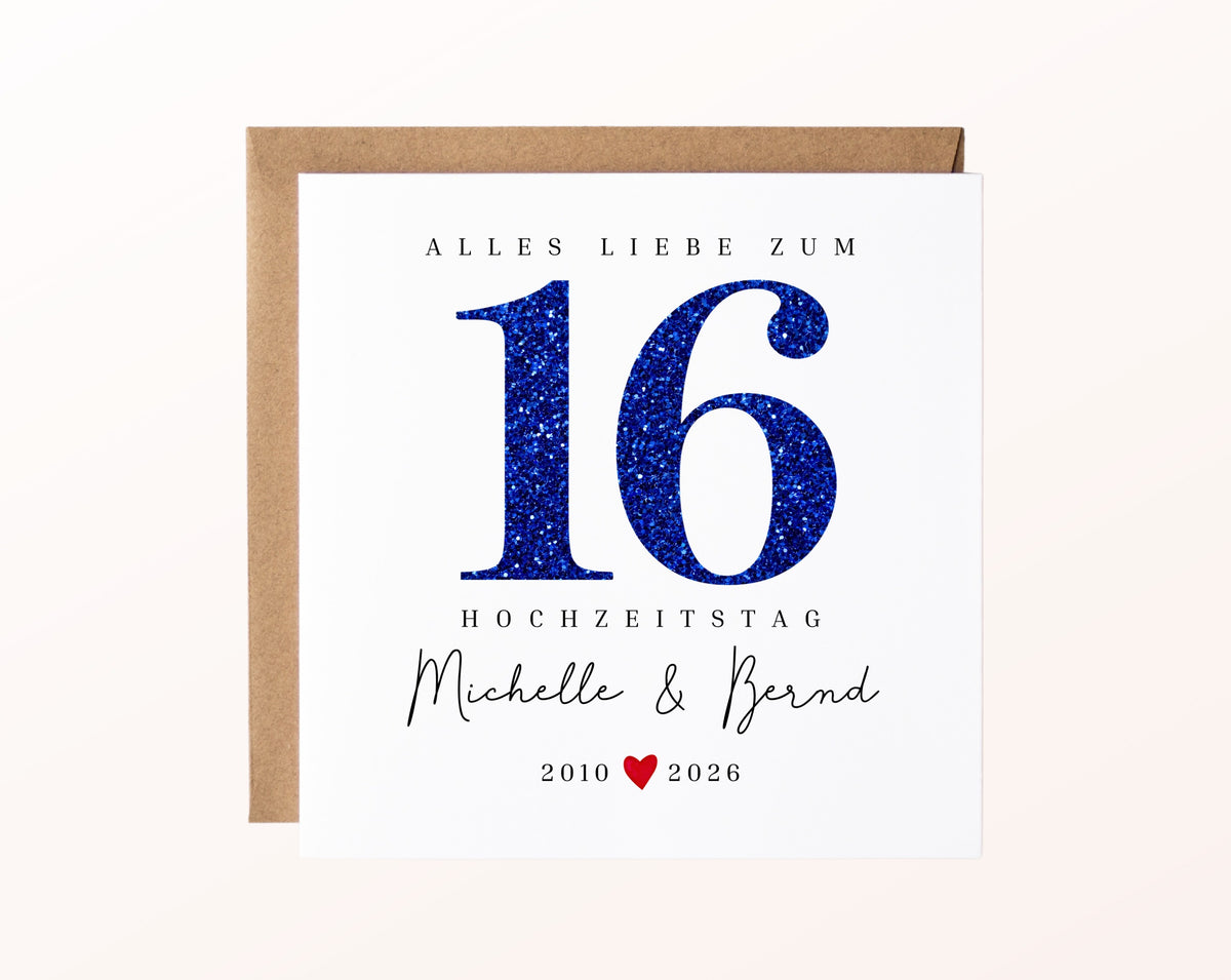 Saphirhochzeit Karte - Glitzerzahl 16 - personalisiert