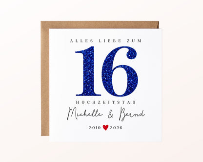 Saphirhochzeit Karte - Glitzerzahl 16 - personalisiert