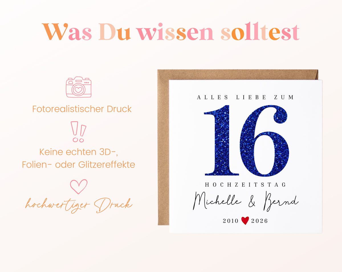 Saphirhochzeit Karte - Glitzerzahl 16 - personalisiert