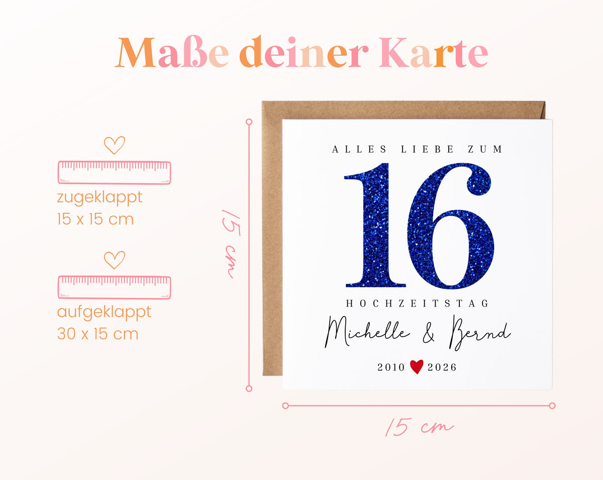 Saphirhochzeit Karte - Glitzerzahl 16 - personalisiert