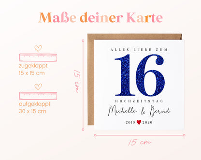 Saphirhochzeit Karte - Glitzerzahl 16 - personalisiert
