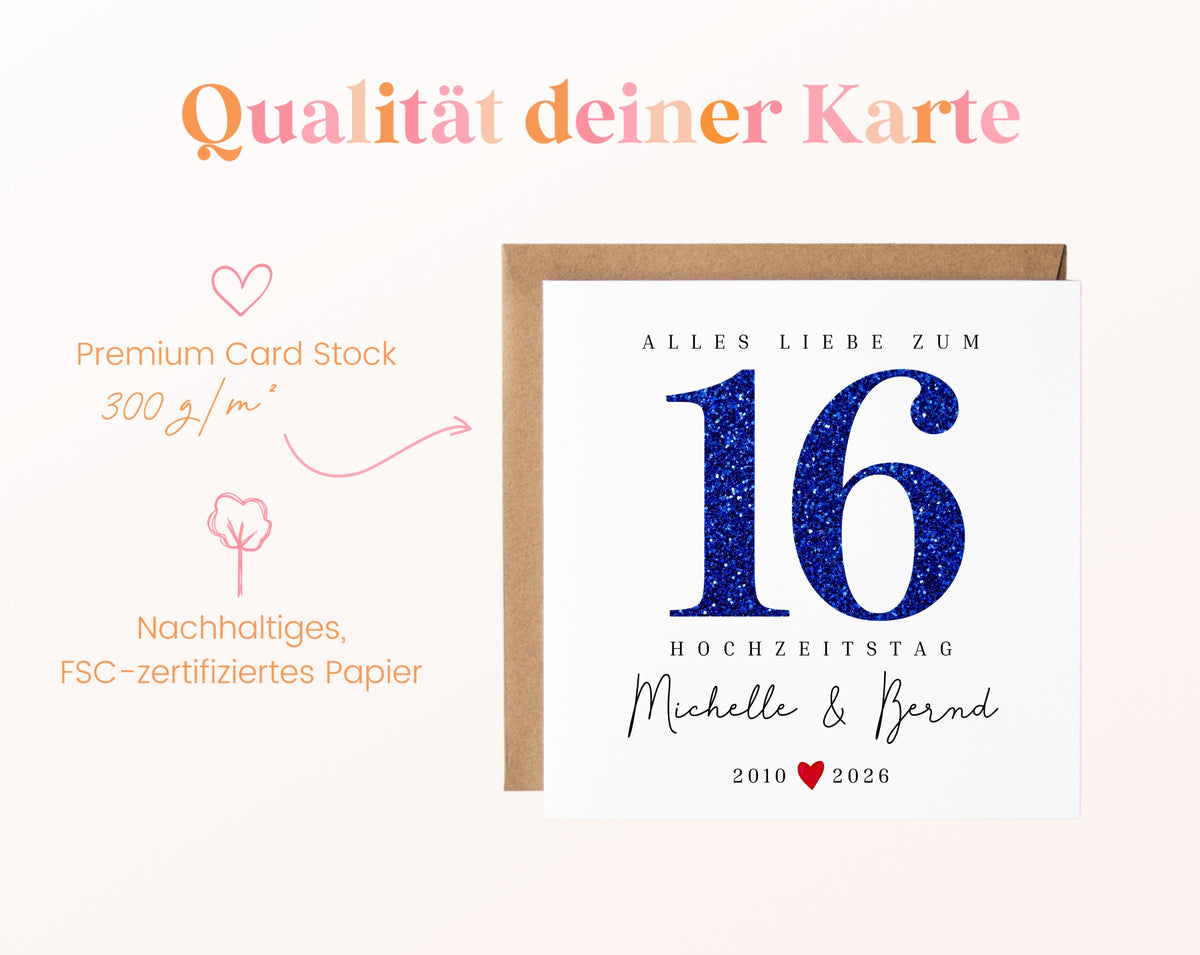 Saphirhochzeit Karte - Glitzerzahl 16 - personalisiert