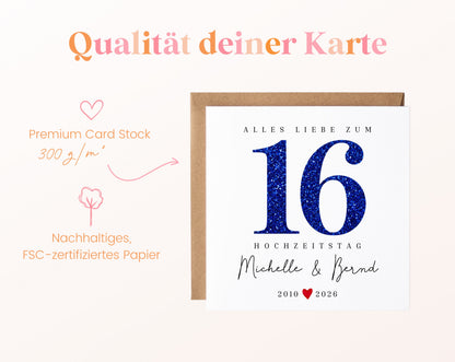 Saphirhochzeit Karte - Glitzerzahl 16 - personalisiert
