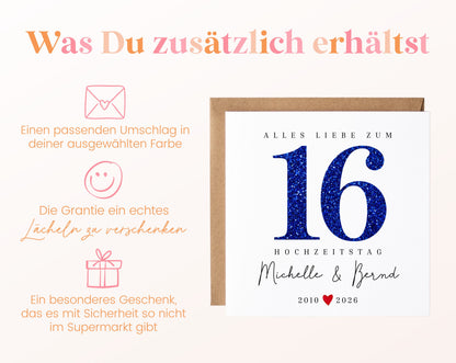 Saphirhochzeit Karte - Glitzerzahl 16 - personalisiert