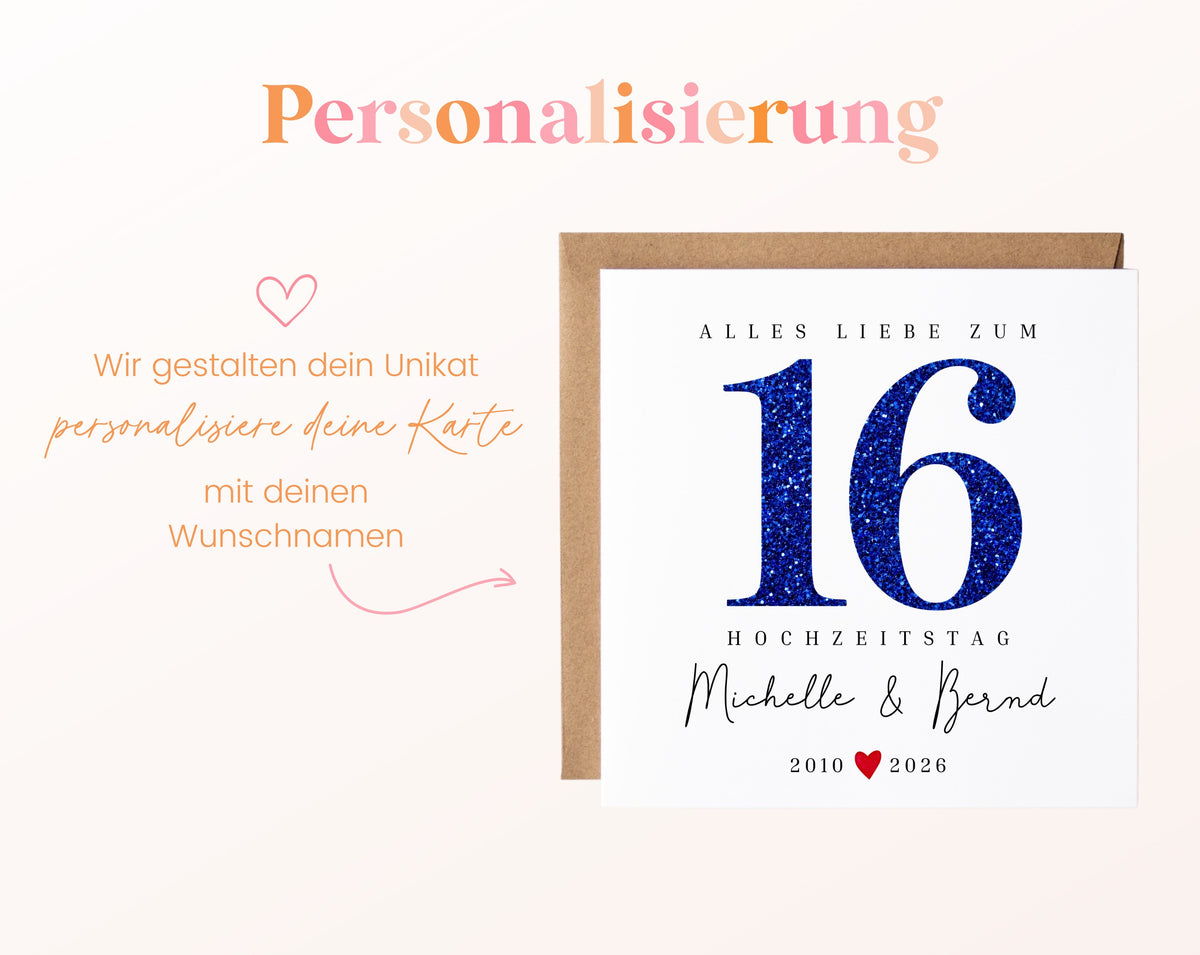 Saphirhochzeit Karte - Glitzerzahl 16 - personalisiert