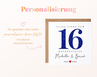 Saphirhochzeit Karte - Glitzerzahl 16 - personalisiert