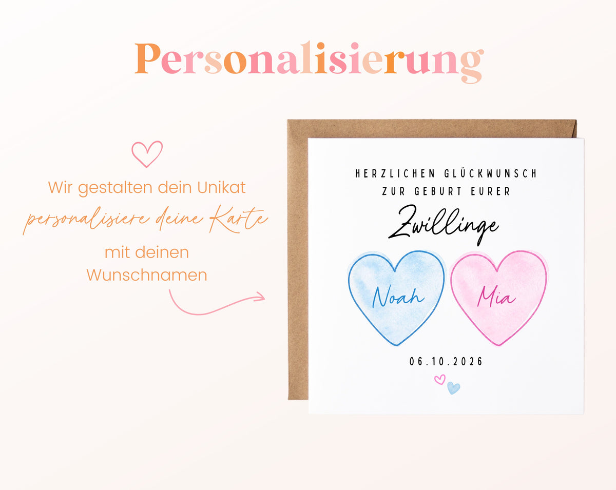 Zwillingskarte Mädchen und Junge - Geschenk zur Geburt - personalisiert