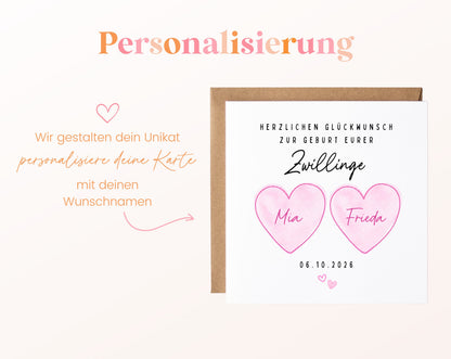 Zwillingskarte Mädchen - Geschenk zur Geburt - personalisiert
