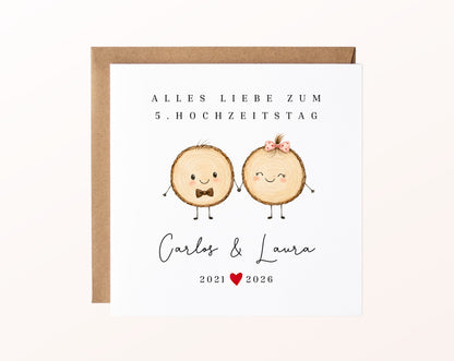 Holzhochzeit Karte - Baumscheibenpaar - personalisiert