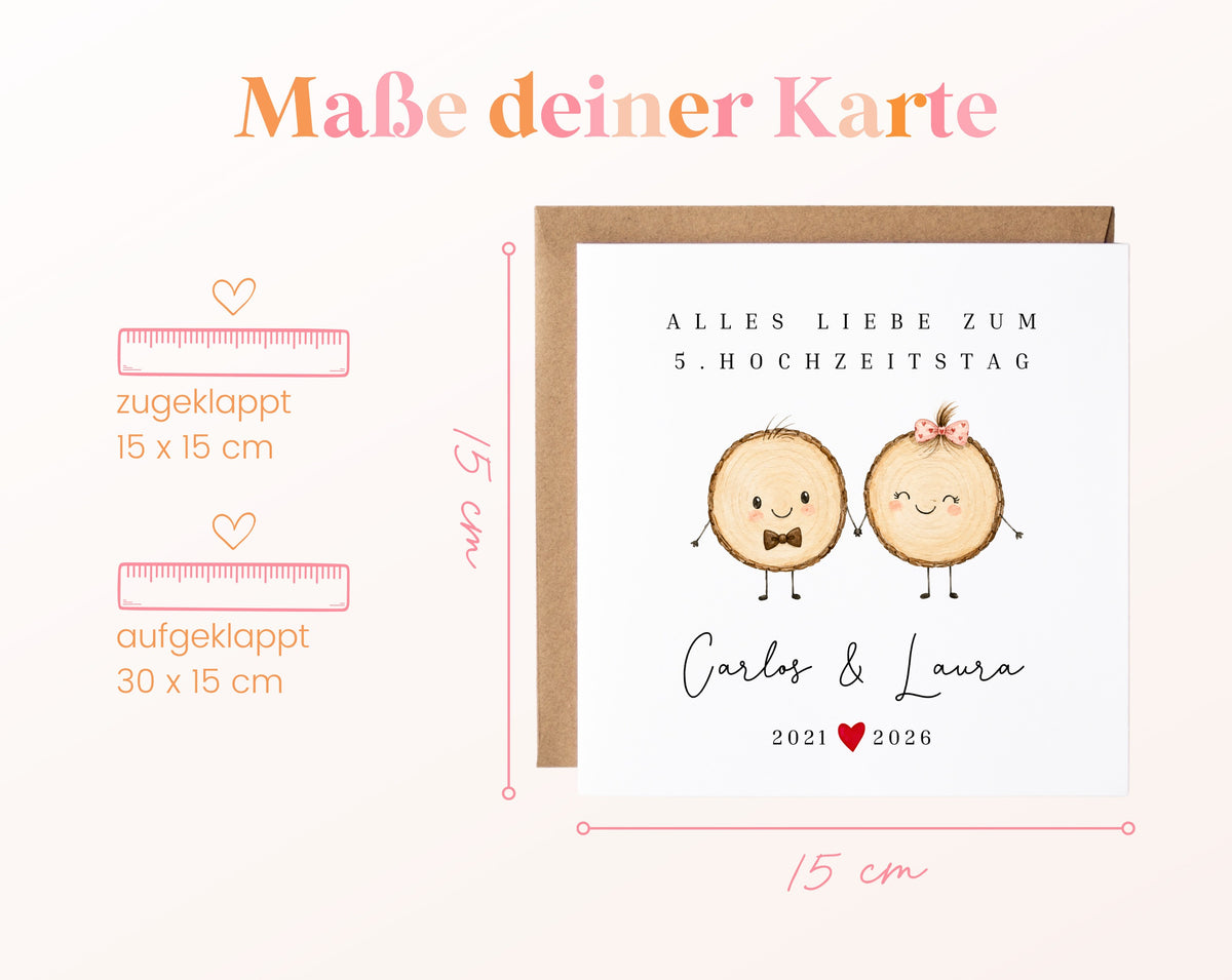 Holzhochzeit Karte - Baumscheibenpaar - personalisiert