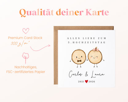Holzhochzeit Karte - Baumscheibenpaar - personalisiert