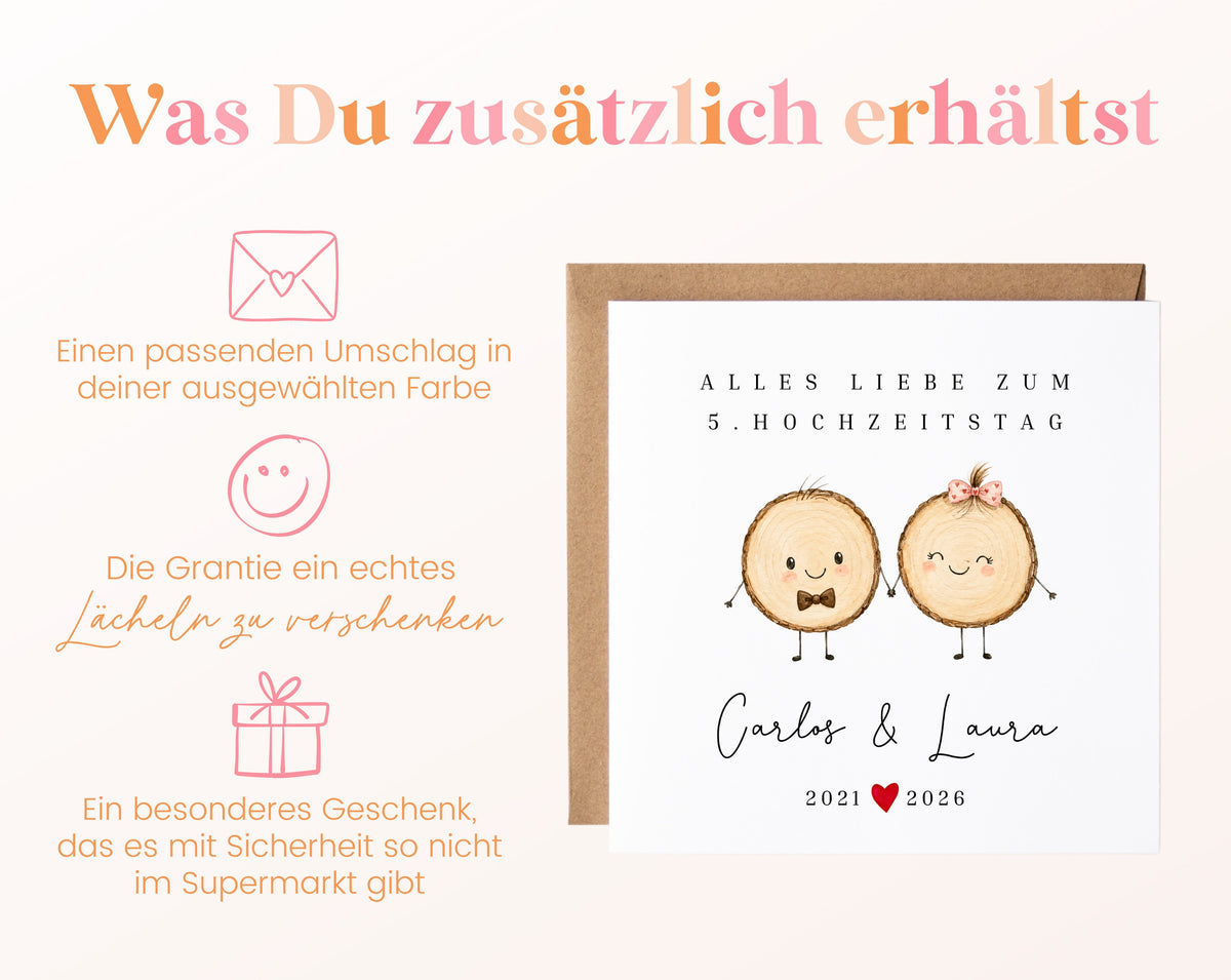 Holzhochzeit Karte - Baumscheibenpaar - personalisiert