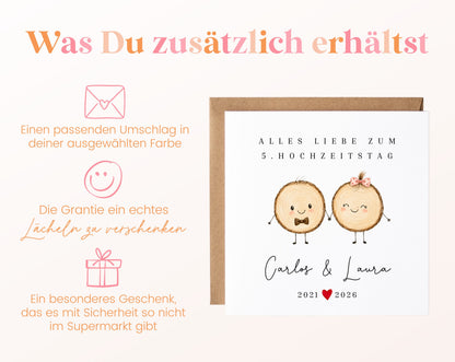 Holzhochzeit Karte - Baumscheibenpaar - personalisiert