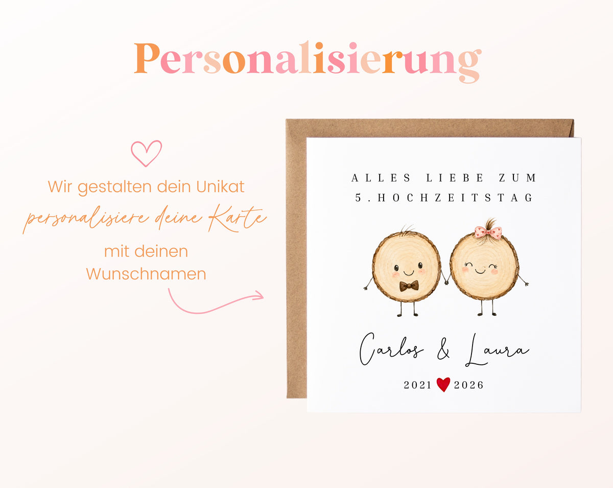 Holzhochzeit Karte - Baumscheibenpaar - personalisiert