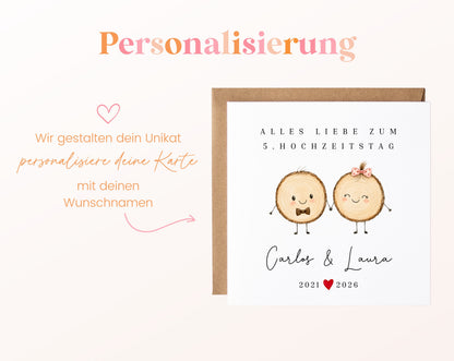 Holzhochzeit Karte - Baumscheibenpaar - personalisiert