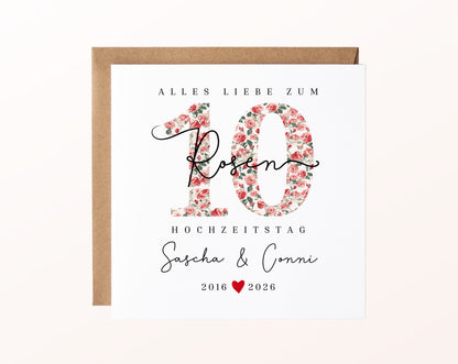 Rosenhochzeit Karte - 10. Hochzeitstag kleine Rosen - personalisiert