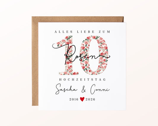 Rosenhochzeit Karte - 10. Hochzeitstag kleine Rosen - personalisiert