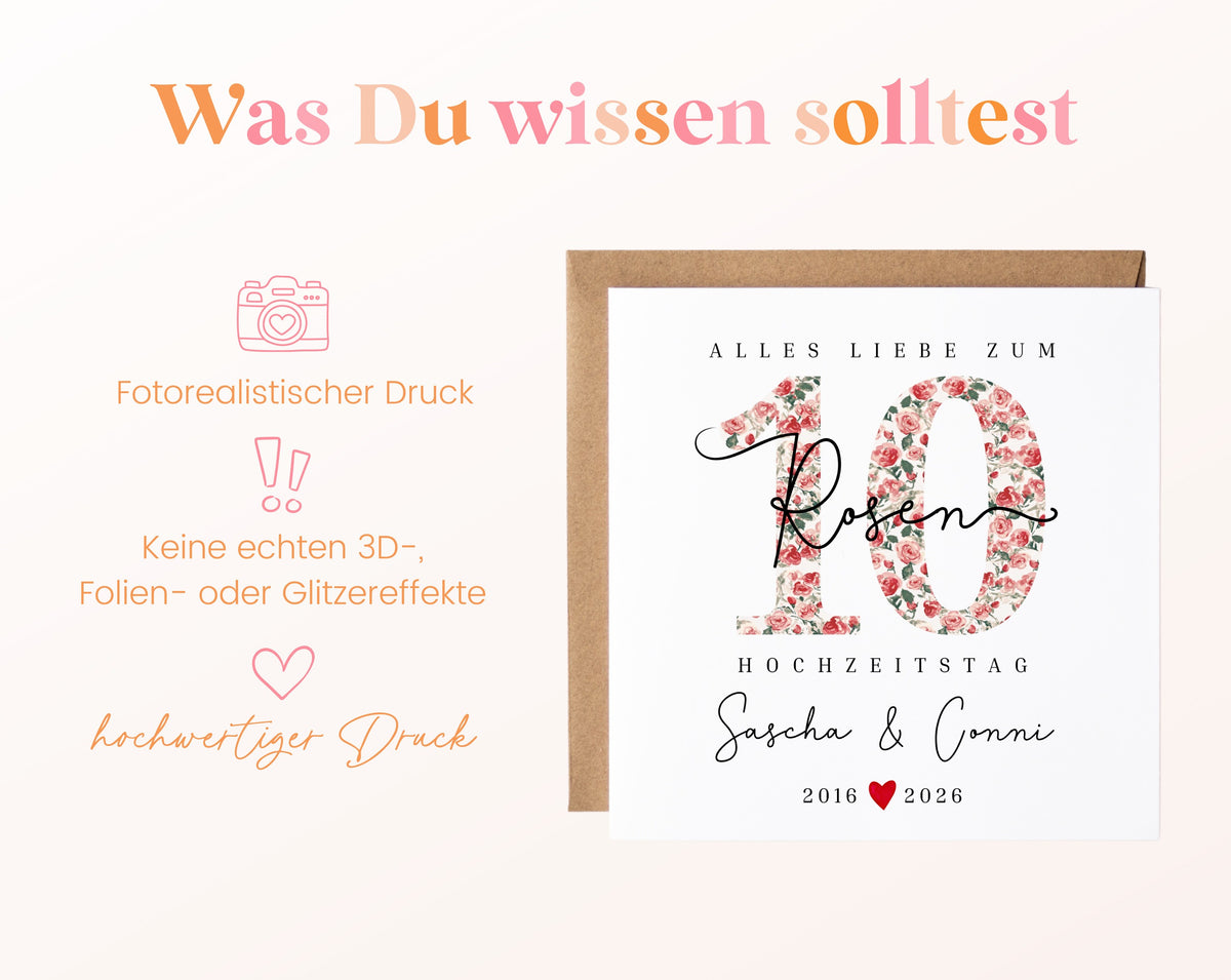 Rosenhochzeit Karte - 10. Hochzeitstag kleine Rosen - personalisiert