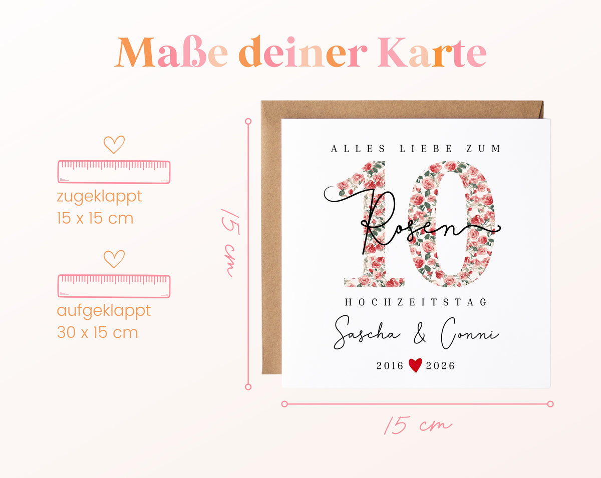Rosenhochzeit Karte - 10. Hochzeitstag kleine Rosen - personalisiert