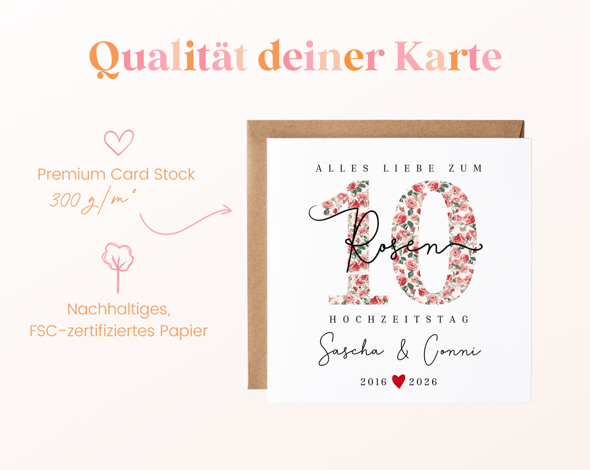 Rosenhochzeit Karte - 10. Hochzeitstag kleine Rosen - personalisiert