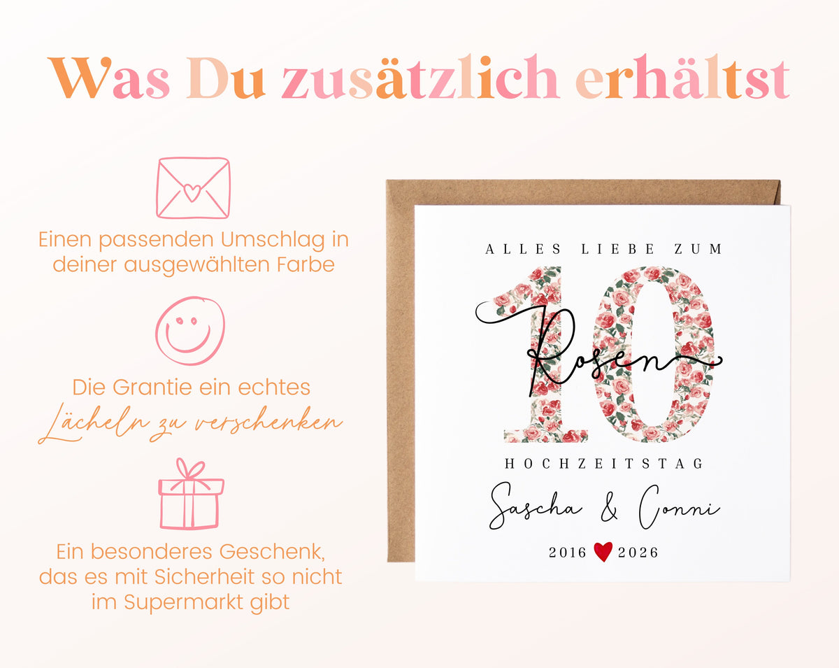 Rosenhochzeit Karte - 10. Hochzeitstag kleine Rosen - personalisiert