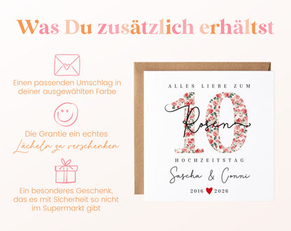 Rosenhochzeit Karte - 10. Hochzeitstag kleine Rosen - personalisiert