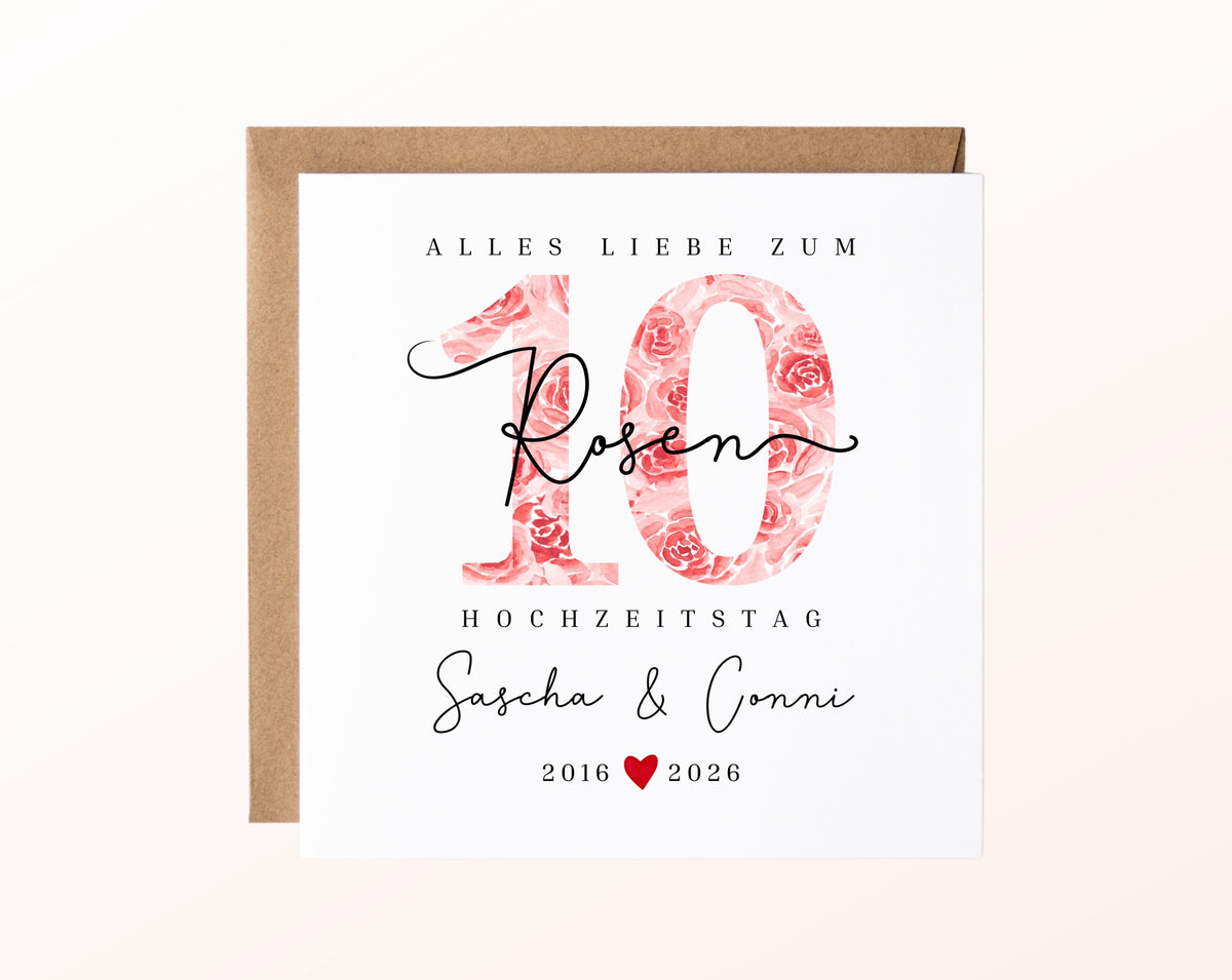 Rosenhochzeit Karte - 10. Hochzeitstag große Rosen - personalisiert