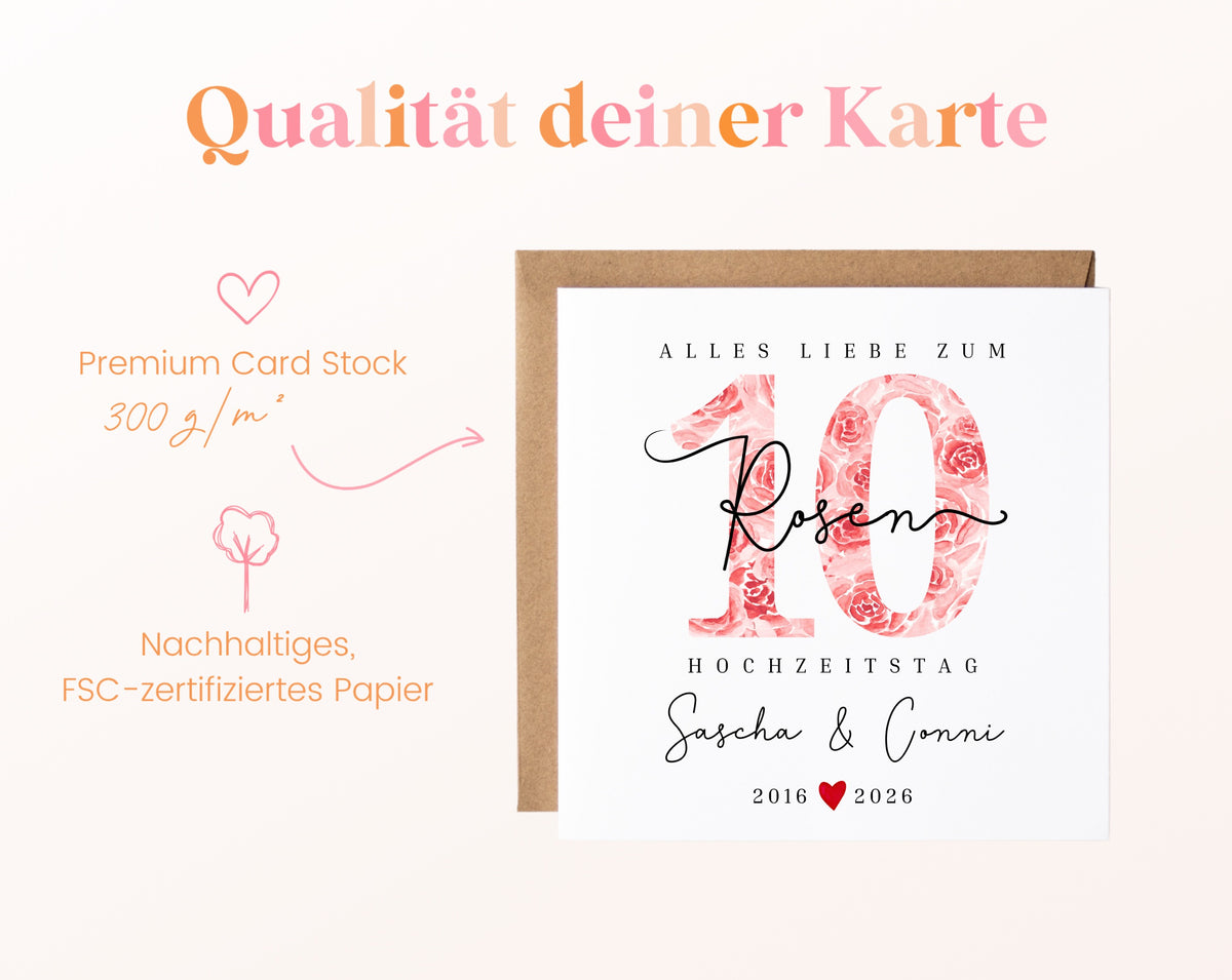 Rosenhochzeit Karte - 10. Hochzeitstag große Rosen - personalisiert
