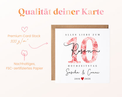 Rosenhochzeit Karte - 10. Hochzeitstag große Rosen - personalisiert