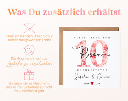 Rosenhochzeit Karte - 10. Hochzeitstag große Rosen - personalisiert