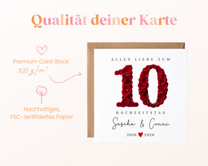 Rosenhochzeit Karte - 10. Hochzeitstag Rosenblüten - personalisiert