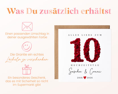 Rosenhochzeit Karte - 10. Hochzeitstag Rosenblüten - personalisiert