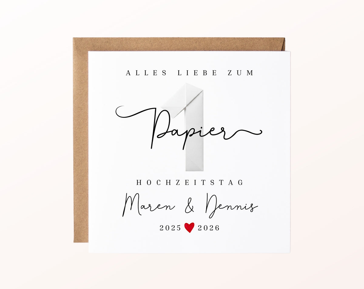 Papierhochzeit Karte - 1. Hochzeitstag Papierzahl - personalisiert