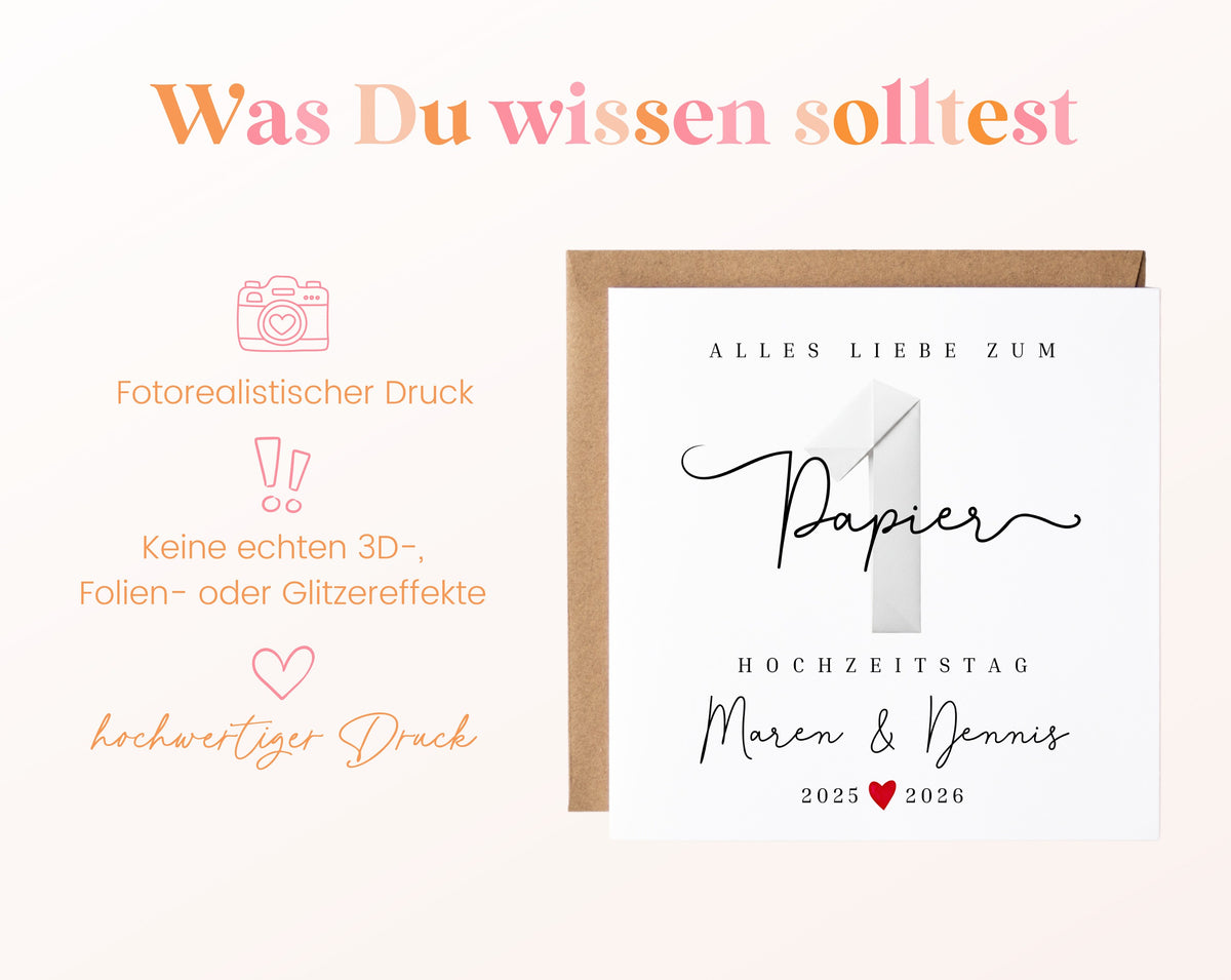 Papierhochzeit Karte - 1. Hochzeitstag Papierzahl - personalisiert