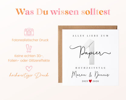 Papierhochzeit Karte - 1. Hochzeitstag Papierzahl - personalisiert