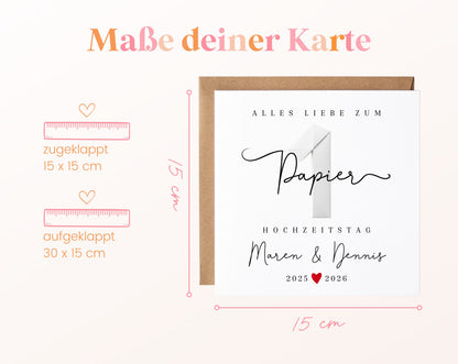 Papierhochzeit Karte - 1. Hochzeitstag Papierzahl - personalisiert