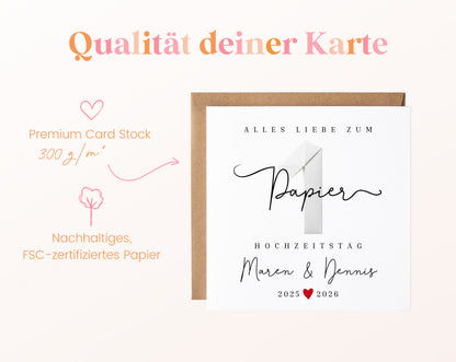 Papierhochzeit Karte - 1. Hochzeitstag Papierzahl - personalisiert