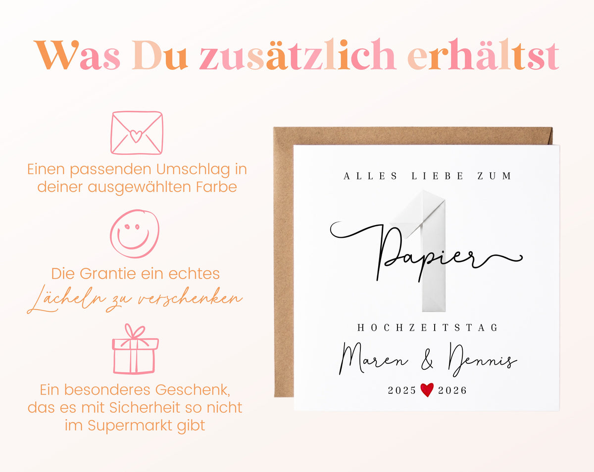 Papierhochzeit Karte - 1. Hochzeitstag Papierzahl - personalisiert