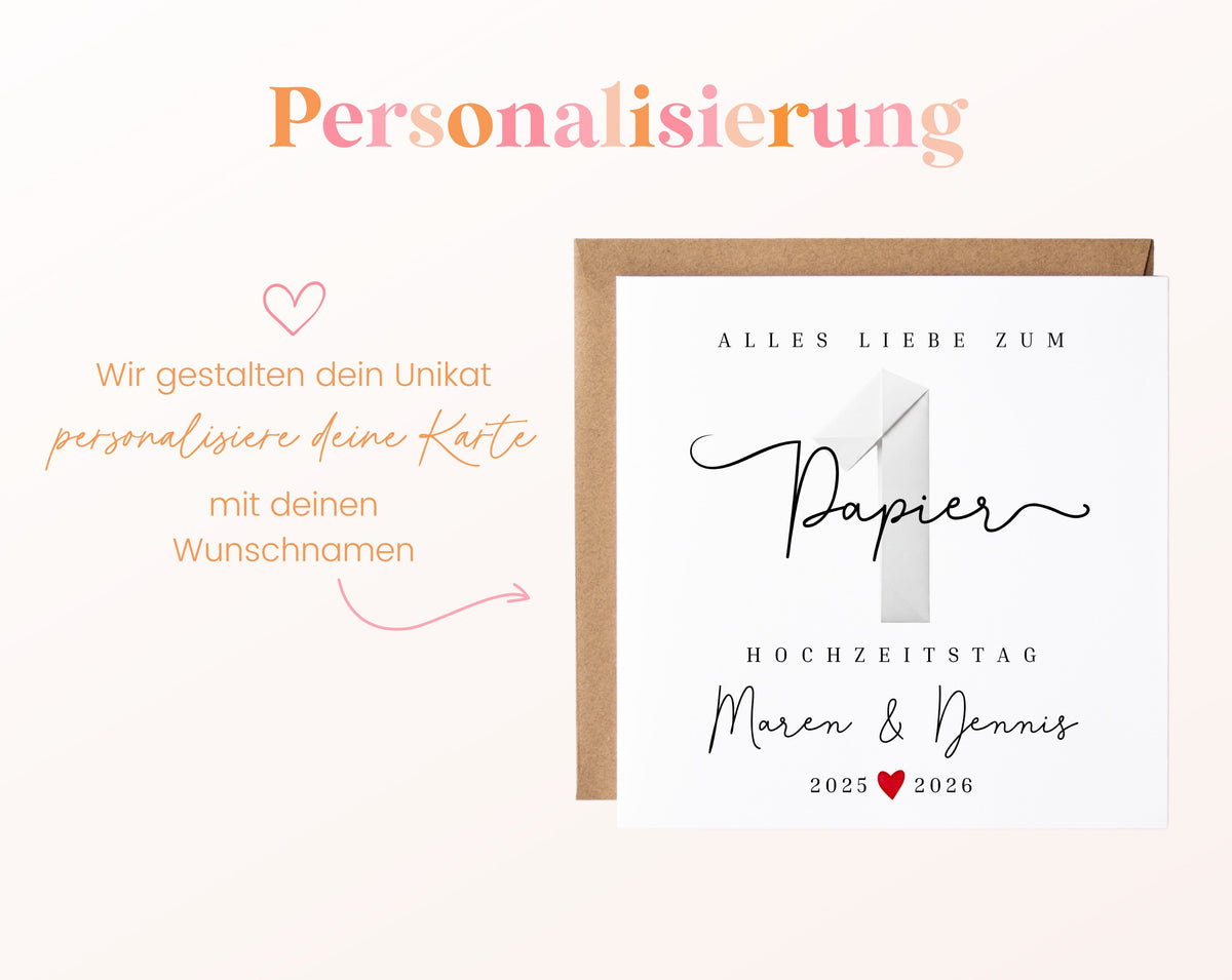 Papierhochzeit Karte - 1. Hochzeitstag Papierzahl - personalisiert