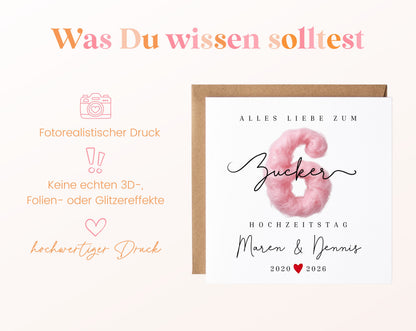 Zuckerhochzeit Karte - 6. Hochzeitstag Zuckerwatte - personalisiert