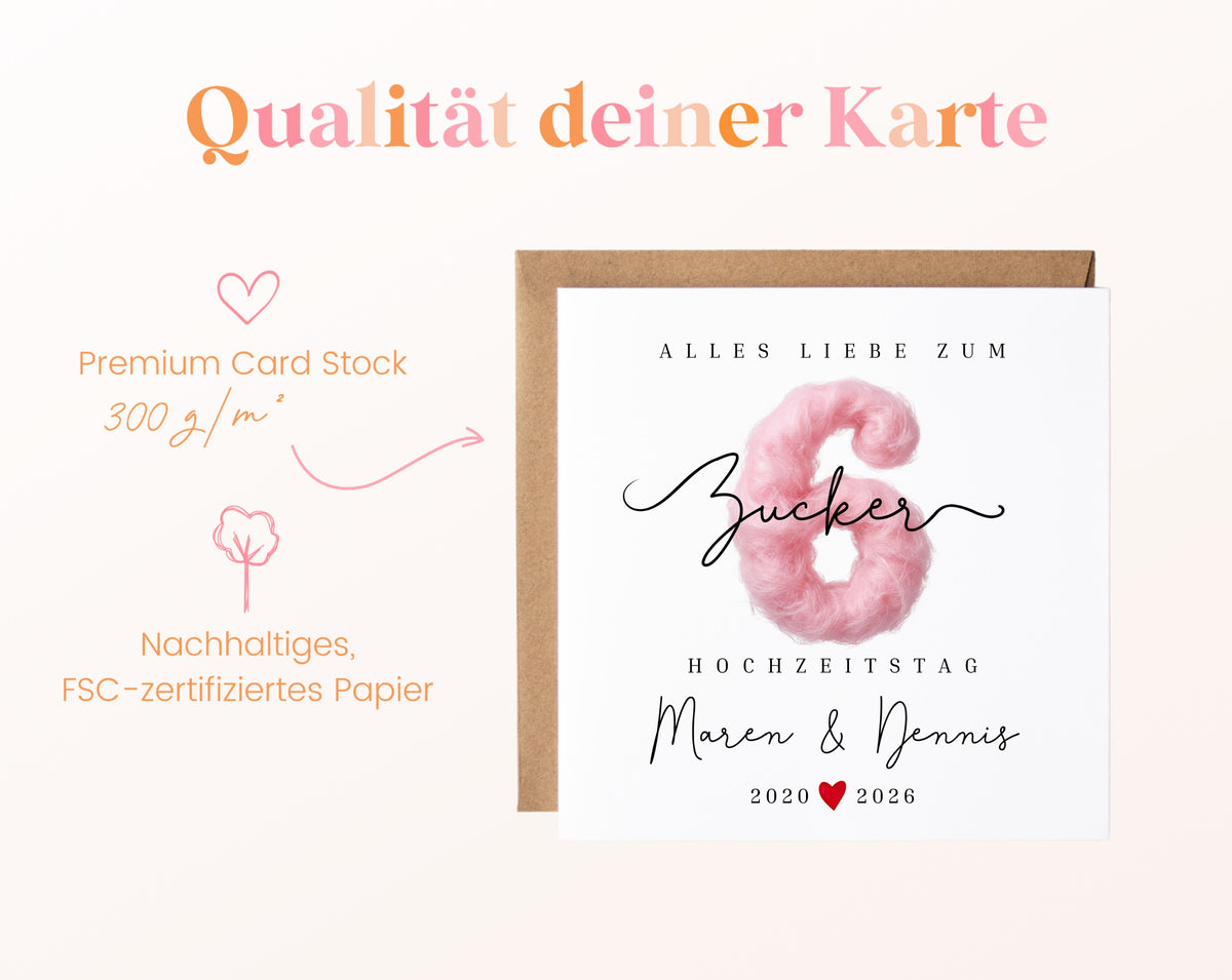 Zuckerhochzeit Karte - 6. Hochzeitstag Zuckerwatte - personalisiert