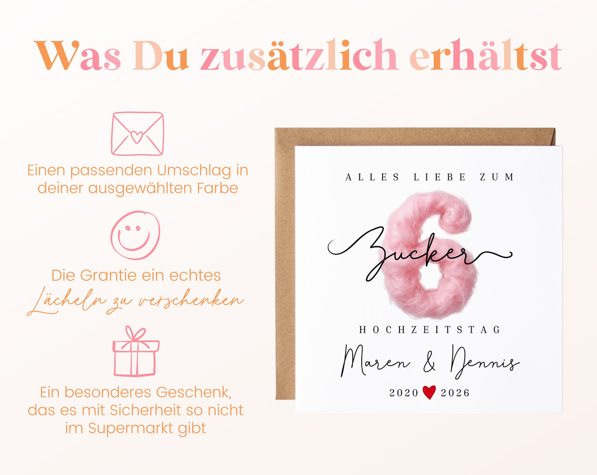 Zuckerhochzeit Karte - 6. Hochzeitstag Zuckerwatte - personalisiert
