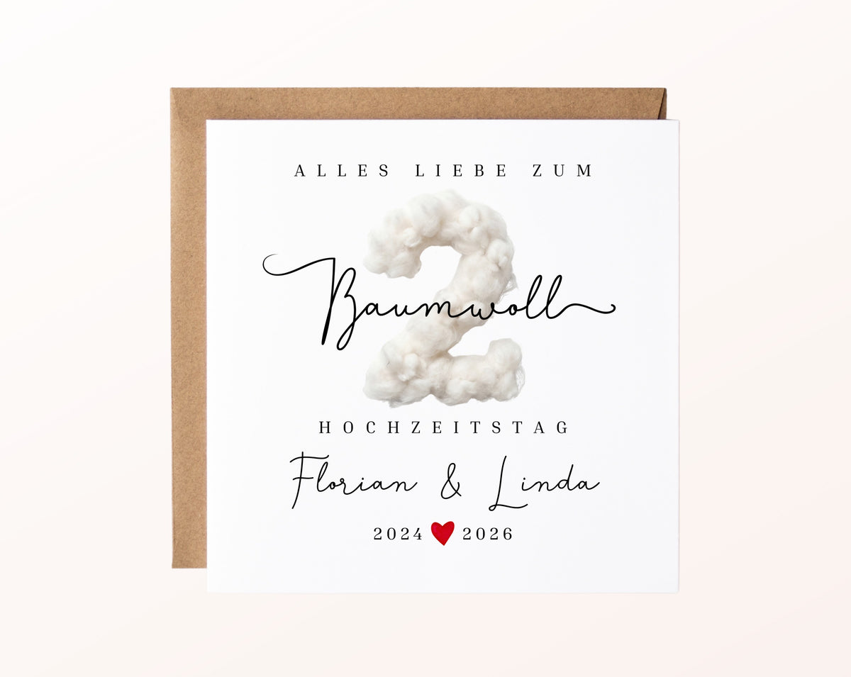 Baumwollhochzeit Karte - 2. Hochzeitstag Baumwollzahl - personalisiert
